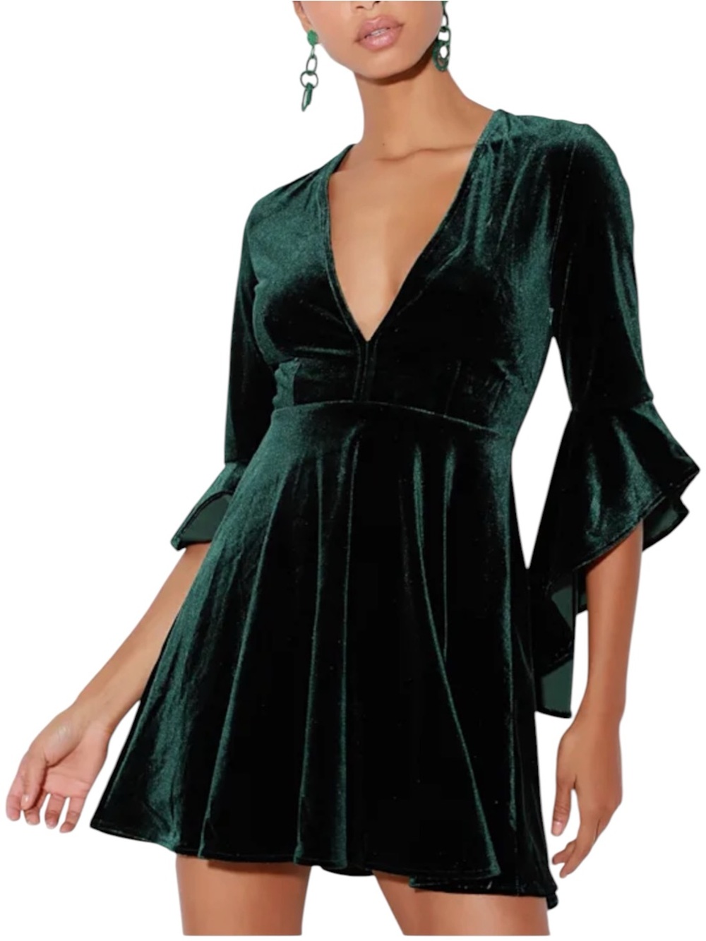 Lulus Green Velvet Skater Dress, Mini Length, Deep V-Neck, Bell Sleeves - Small